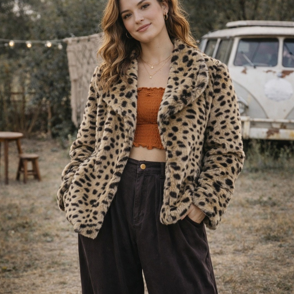 VIGOSS Collection Faux Fur Jacket Women XS Tan Leopard Print Coat Mobwife Casual